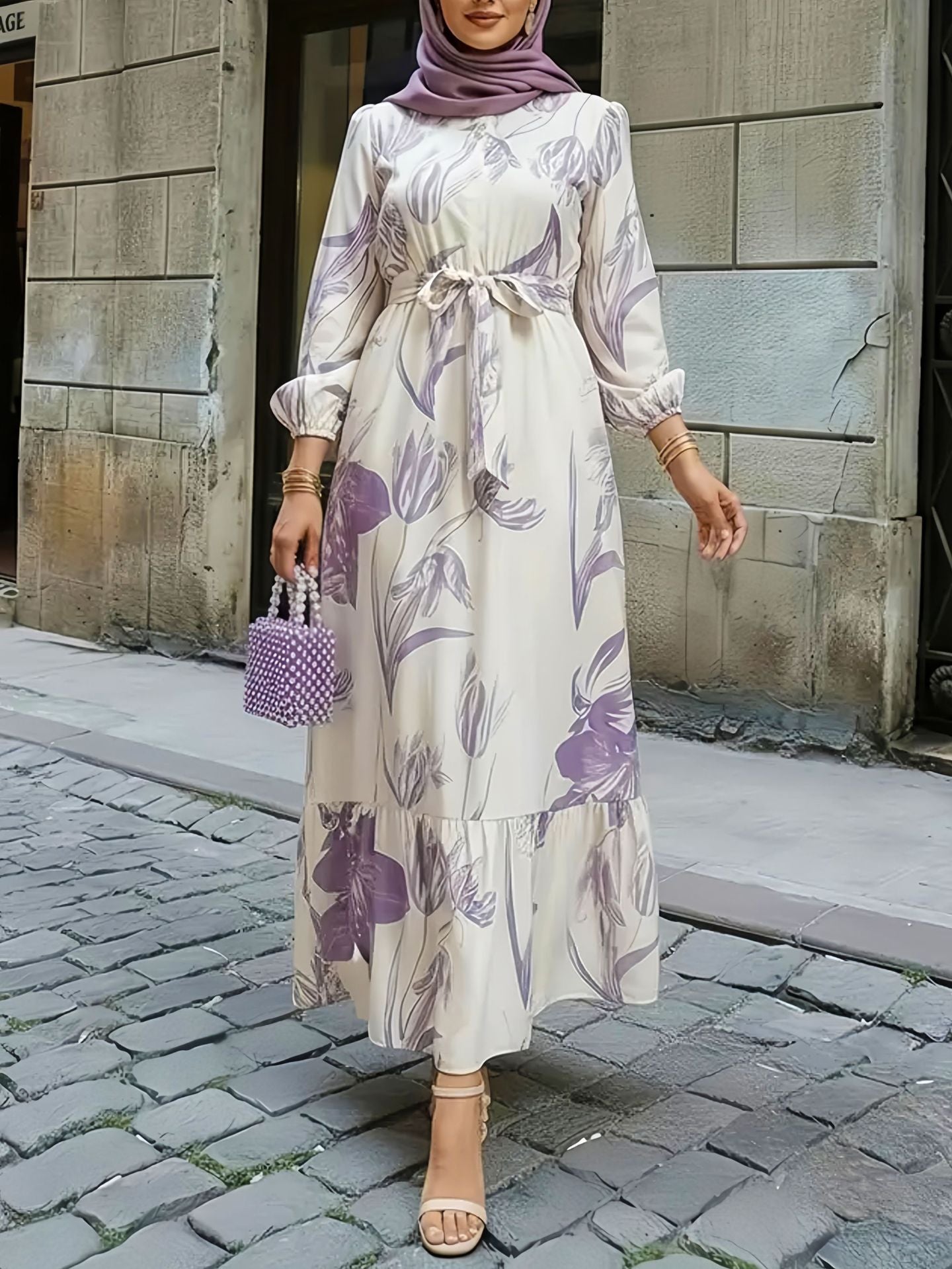 Floral Print Elastic Waist Ruffle Hem Dress