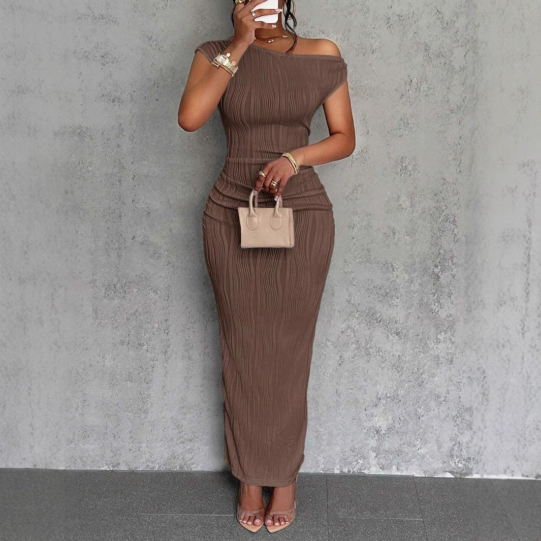 Fashionable water ripple off-shoulder dress