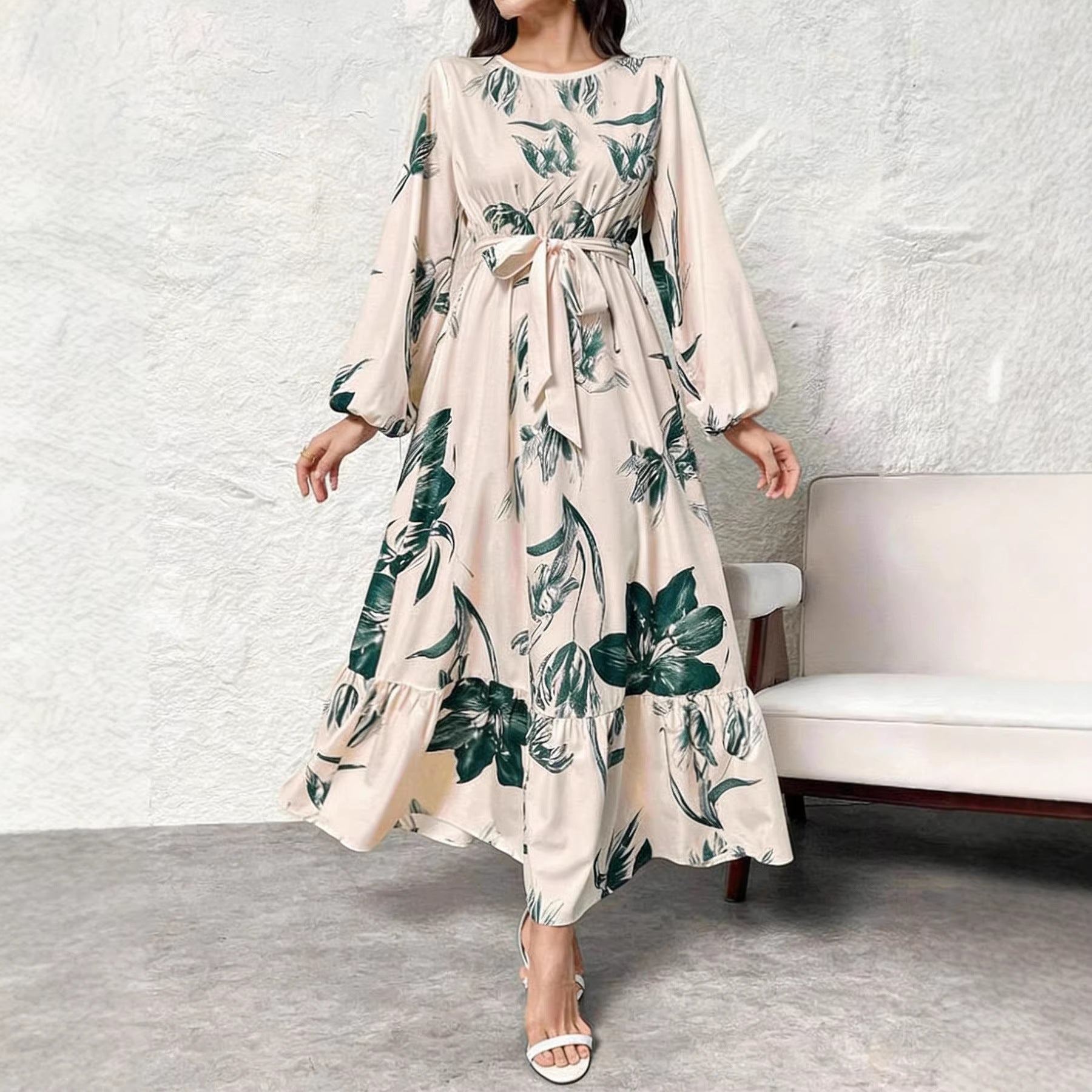 Floral Print Elastic Waist Ruffle Hem Dress