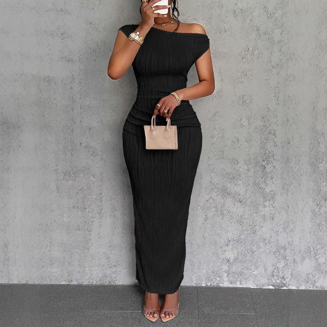 Fashionable water ripple off-shoulder dress