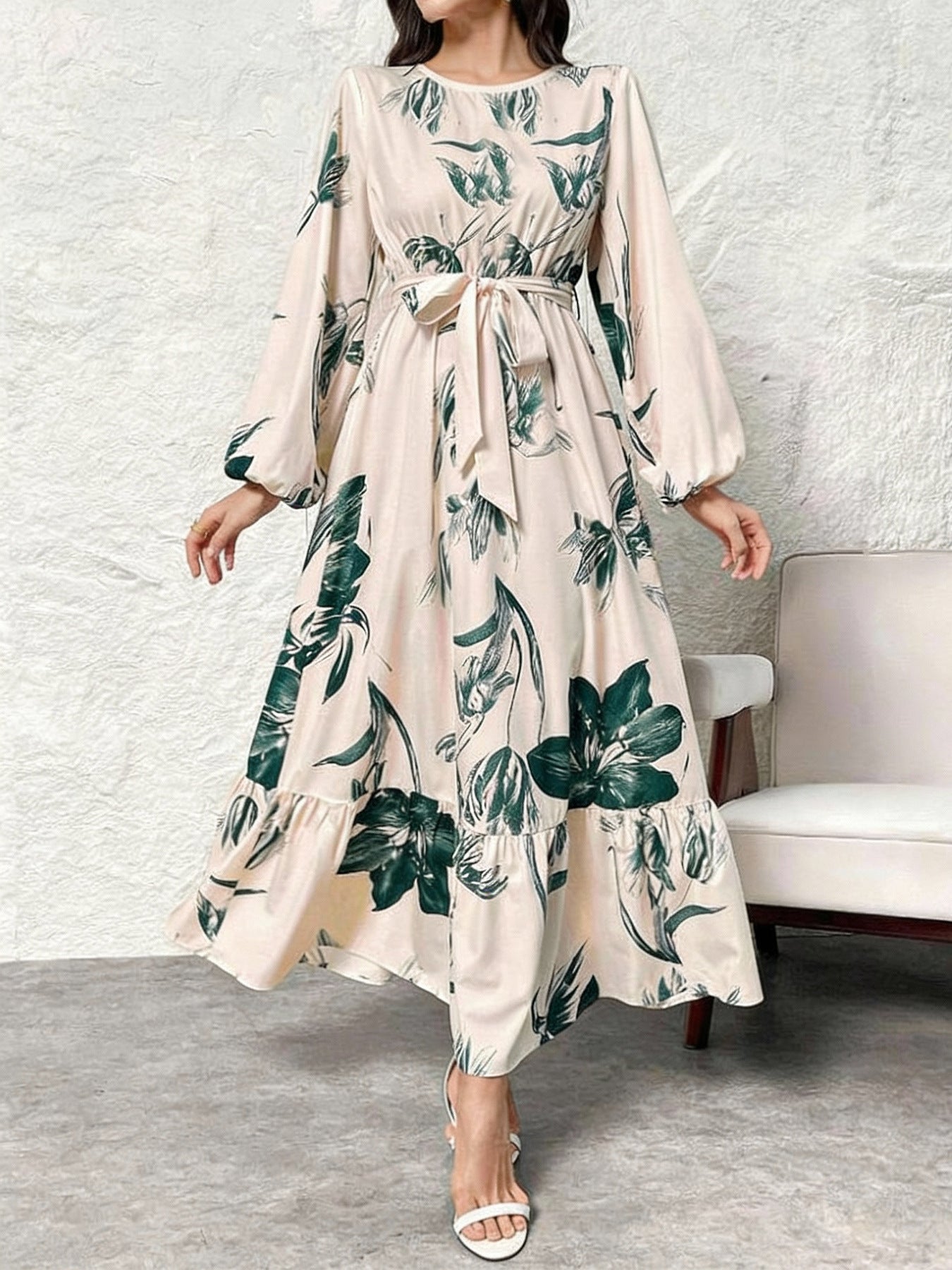 Floral Print Elastic Waist Ruffle Hem Dress