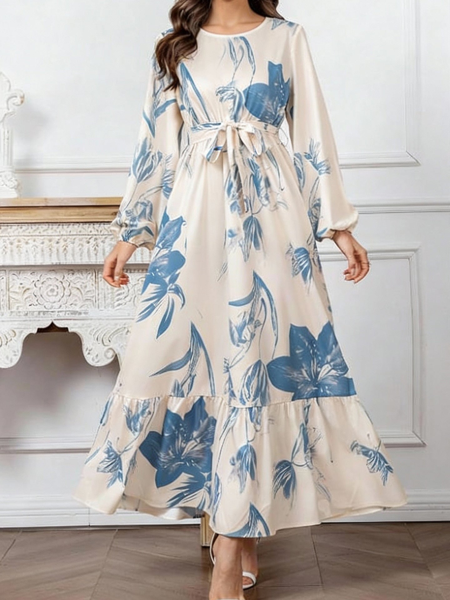 Floral Print Elastic Waist Ruffle Hem Dress