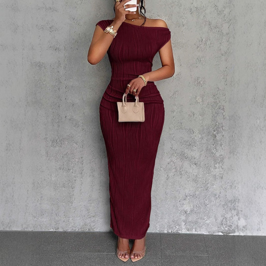 Fashionable water ripple off-shoulder dress
