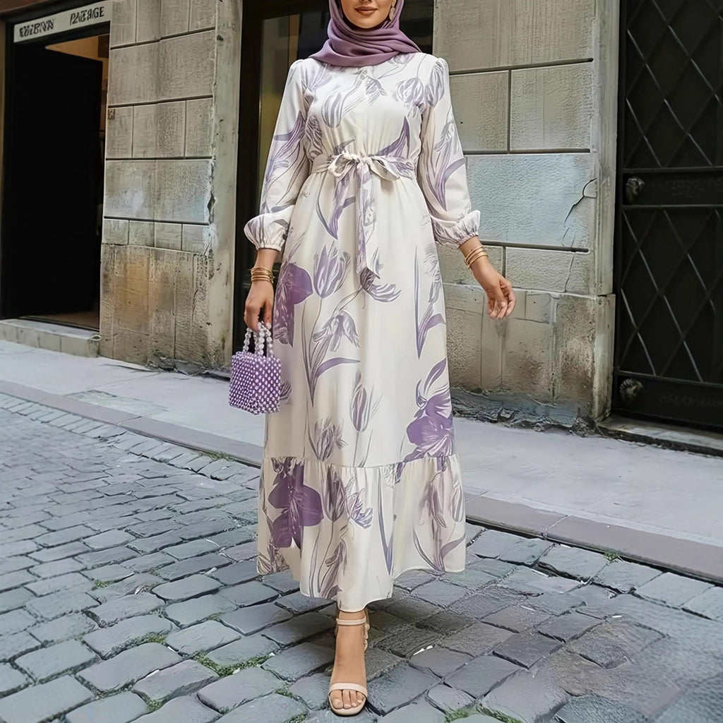 Floral Print Elastic Waist Ruffle Hem Dress