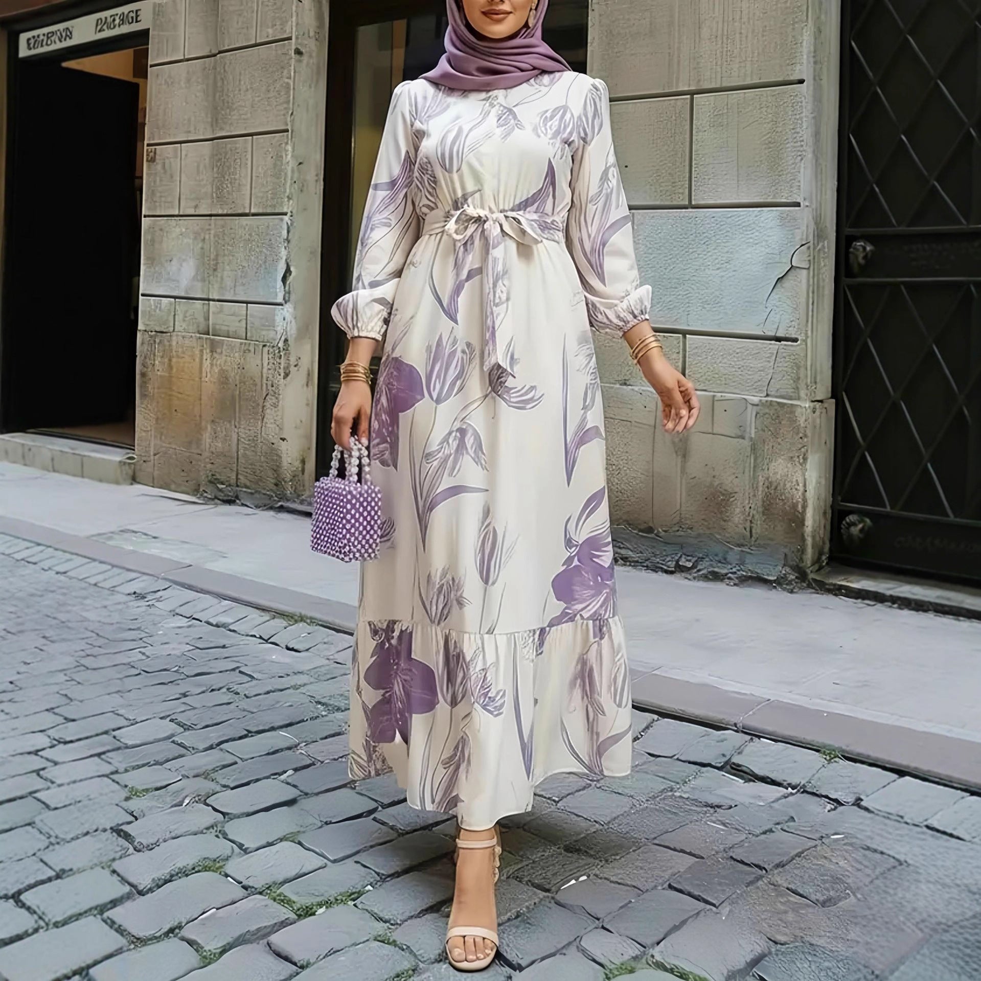 Floral Print Elastic Waist Ruffle Hem Dress